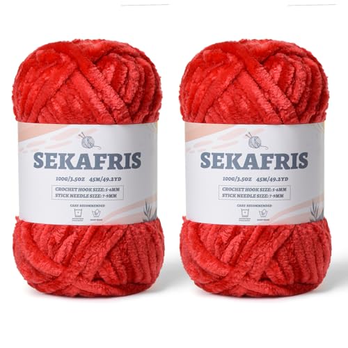 Image of Chenille Velvet Soft Yarn Red 2 Pack | 200g /98.4yds Fuzzy Chunky Chenille Yarn for Crocheting Plush Yarn for Hand Knitting Amigurumi Fluffy Yarn