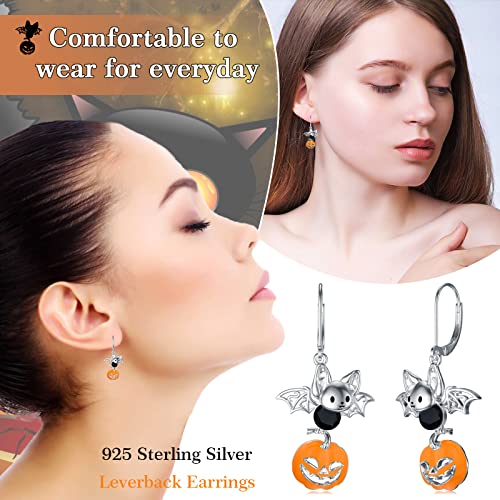 Dorunmo Halloween Earrings for Women 925 Sterling Silver Pumpkin Bat Black Cat Leverback Dangle Earrings Hypoallergenic Halloween Jewelry Gifts for Her3