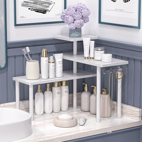 Image of JayRex Bathroom Organizer Countertop Corner Shelf, 3 Tier Moveable Organizer for Make Up, Dresser Table, Desktop (White)