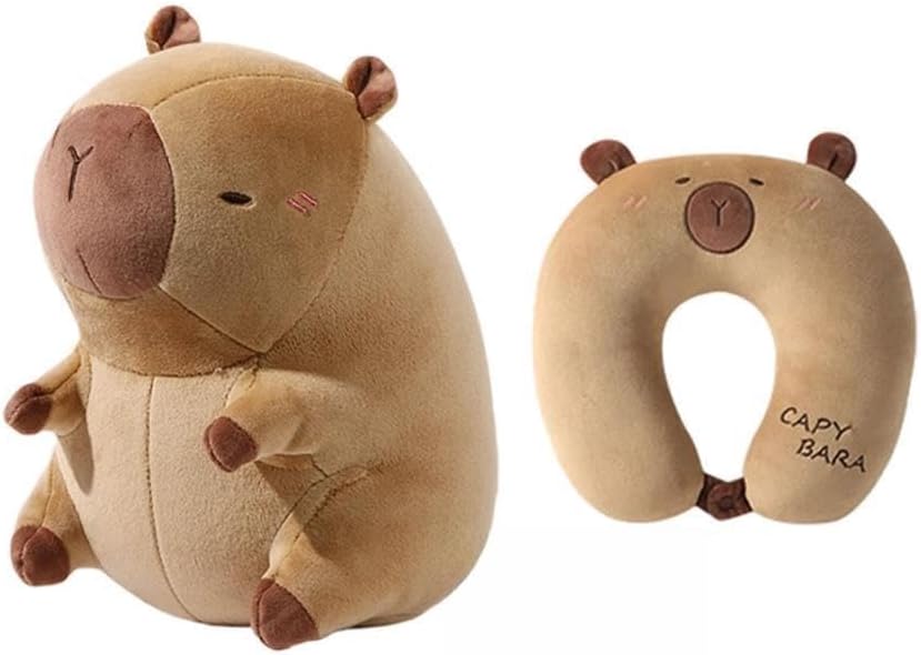 2 in 1 Travel Neck Pillow, Capybara Plush Memory Foam Cushion for Travel Comfort, Soft Fabric with Ergonomic U Shape Support for Airplane Car Camping Road Trip Home Napping (#A)