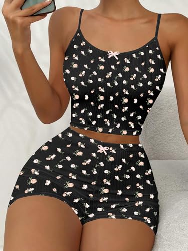 Image of Hilinker Womens Graphic 2 Piece Pajama Set Summer Cute Crop Cami and Shorts Ribbed Lounge Sets