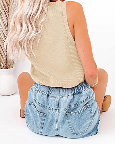 Rilista Women's Summer Knit Tank Tops Mock Neck Sleeveless Turtleneck Solid Stretchy Sweater Vest Beige #TOP2