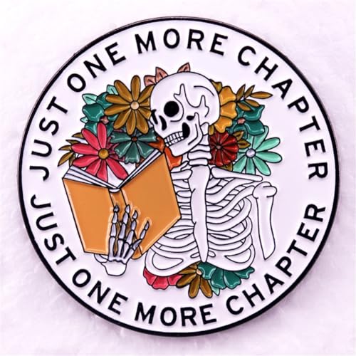 Cartoon Skull Enamel Pin JUST ONE MORE CHAPTER Skull Reading Brooch Lapel Pin for Book Lovers Clothing Backpacks Decor Jewelry Gift for Reader Student, White3
