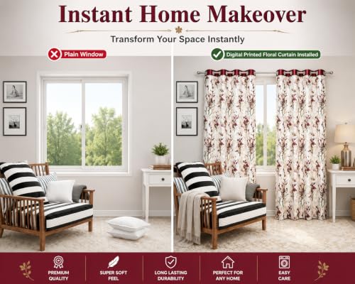 Image of 5 Feet Polyester Floral Light Filtering Window Curtains for Bedroom, Living Room & Hall, Eyelet Top, Maroon Print Curtain Set of 2