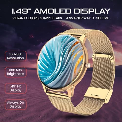 Image of PunnkFunnk Glavito Round Dial Smartwatch 1.49 inch AMOLED Display, 100+ Sports Modes, Health Tracking, Bluetooth Calling, Functional Crown Control, 100+ Watch Faces for Men & Women (Millanese Gold)