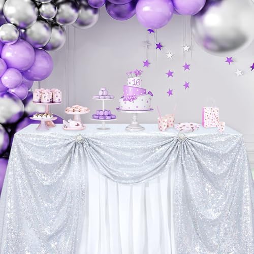 Image of B-COOL Sequin Tablecloth Drape Glitter Fabric Table Overlay Cloths for Birthday Banquet Ceremony Wedding Outdoor Indoor Party Decorations 50x50 Inch Laser Silver