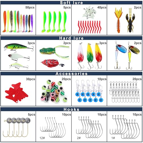 Tbbure TB-01 Equipo de Pesca con 220 Piezas para Bass y Otros Peces Kit con Señuelos Blandos, Anzuelos y Accesorios miniatura 2