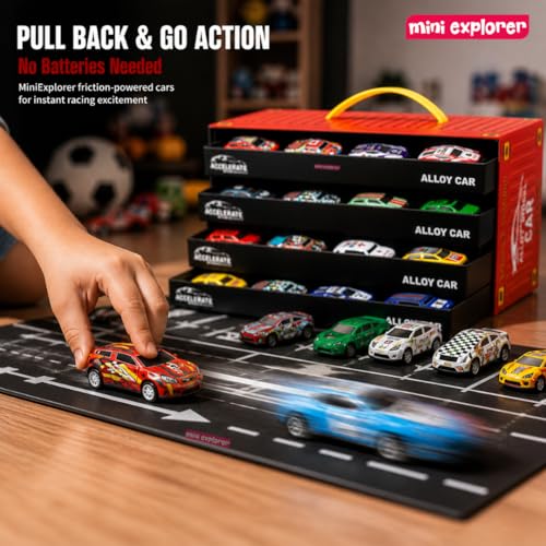 Image of MiniExplorer 48 Pcs Pull Back Cars Set for Kids | Racing Toy Cars Bulk Pack with Storage Container & Play Mat | Mini Alloy Vehicle Set for Boys & Girls 3-8 Years | Return Gifts, Party Favors