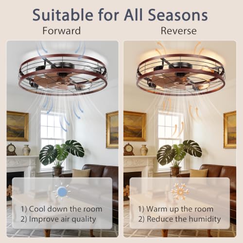 Image of VOLISUN 27.6'' Caged Ceiling Fan with Light and Remote,Rustic Low Profile Ceiling Fan with Light Flush Mount, Farmhouse Bladeless Fandelier Ceiling Fans with Lights for Kitchen,Bedroom-Wood