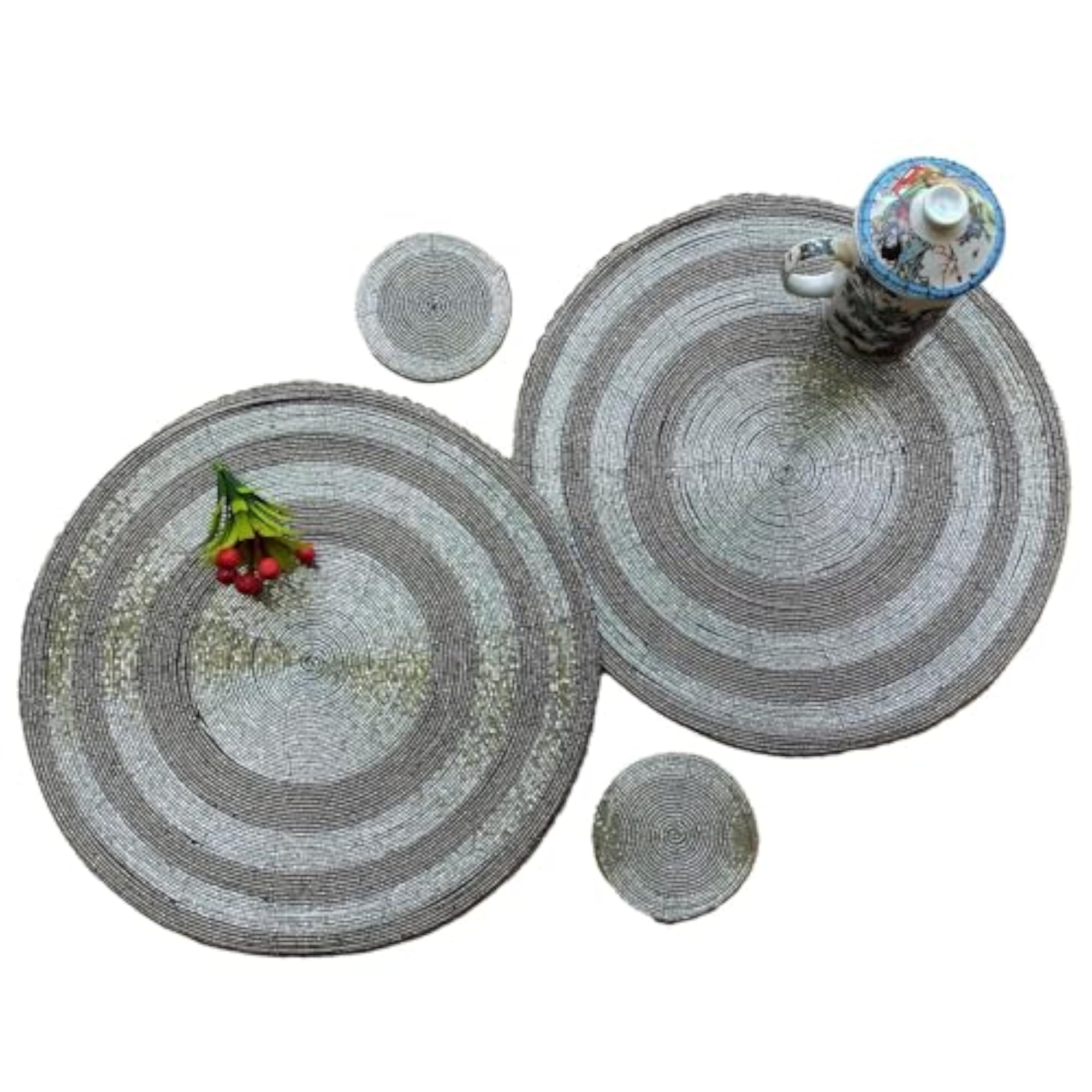 Decorative Handmade Beaded Round Placemat, Silver/Grey