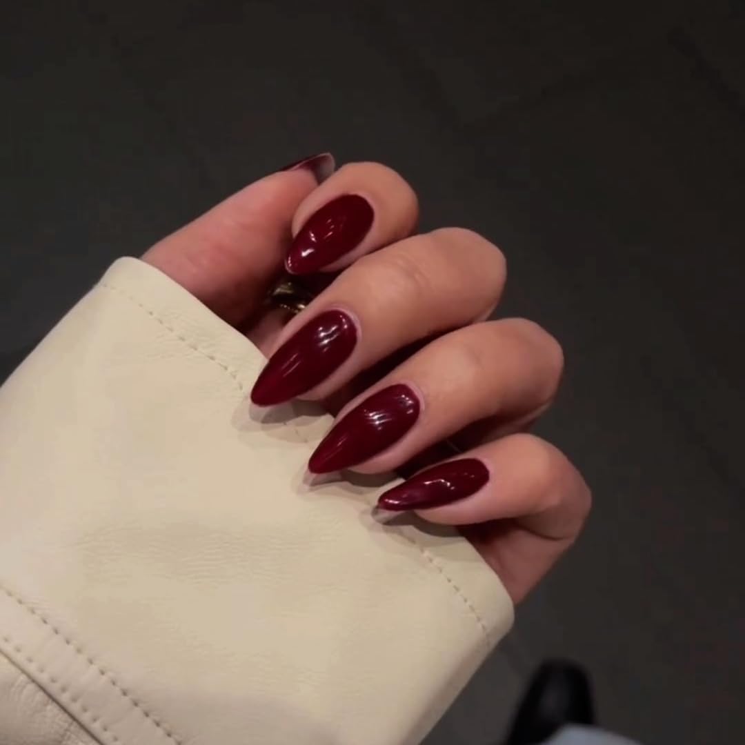 SXVME 48 Pcs Burgundy Red Press on Nails Almond Medium Acrylic False Nails Medium Stiletto Natural Fake Nail Set Elegant Solid Color Full Cover Glossy Gel Stick on Nails for Women Fall Winter Wear - Image 3