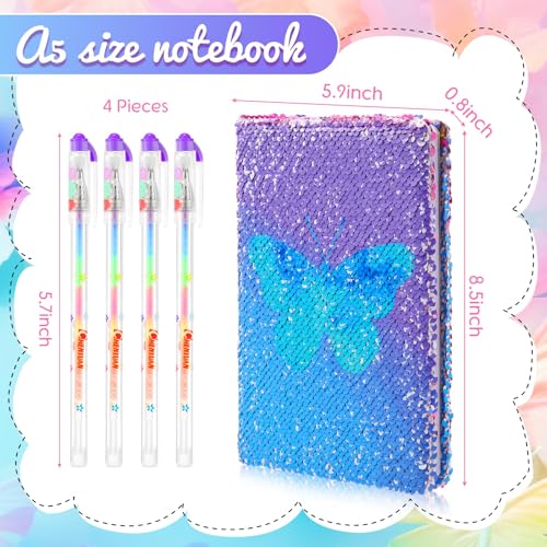 Image of Outus 4 Pcs Sequin Girls Journal Valentines Journal Gift with Color Gel Ink Pens Glitter Notebook Flip Writing Diary for Kids Girl Writing Drawing Travel Gifts(Gradient Blue,Butterfly)