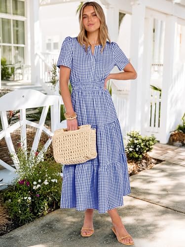 Caracilia Women's Summer Short Sleeve V-Neck Maxi Dress, Gingham & Striped Fabric, Casual A-Line Dress for Beach & Vacation Royal Blue Gingham Medium — view 6