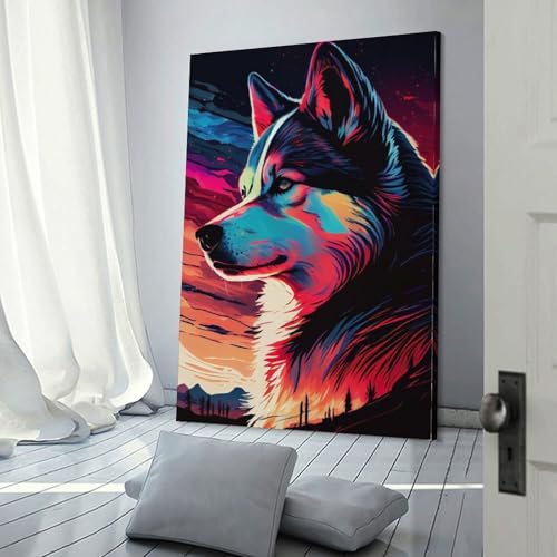 Toile Husky Coloré POLIUAWS 30x45 cm : décoration murale salon et chambre enfant