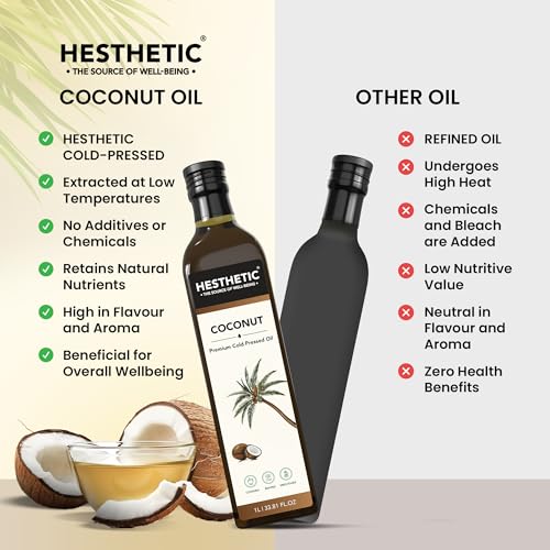 Image of HESTHETIC Cold Pressed Virgin Coconut Oil 1L | Pure Nariyal Tel (VCO) | Unrefined Food-Grade Coconut Oil for Cooking, Baking & Kerala Cuisine | Glass Bottle
