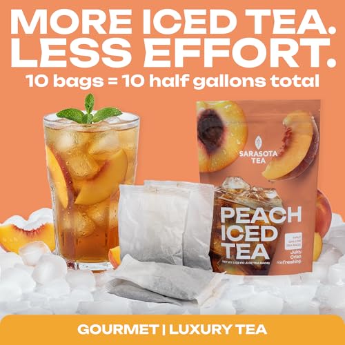 Image of Peach Iced Tea Bags Half Gallon | 10 Count Large Iced Tea Bags | Makes 5 Gallons | Juicy Crisp Peach Flavor | Easy Brew Pitcher