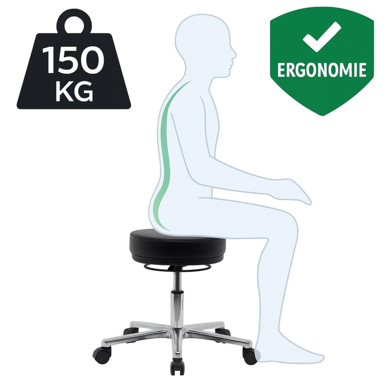 VERSEE Arbeitshocker LIBER aus Echtleder, Schwarz, höhenverstellbar | Komfortabel gepolsterter Dreh- und Rollhocker für Büro und Praxis, bis 150 kg belastbar