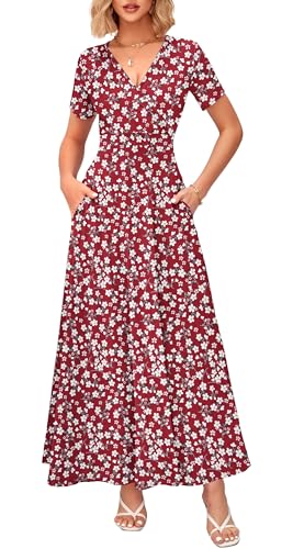 Image of WNEEDU Women's Summer Maxi Dress Short Sleeves Wrap V Neck Long Dresses with Pockets