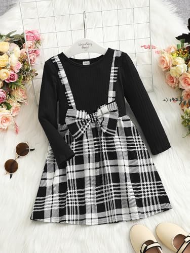 WDIRARA Toddler Girl's Plaid Bow Front Ribbed Knit Round Neck Long Sleeve A Line Dress3