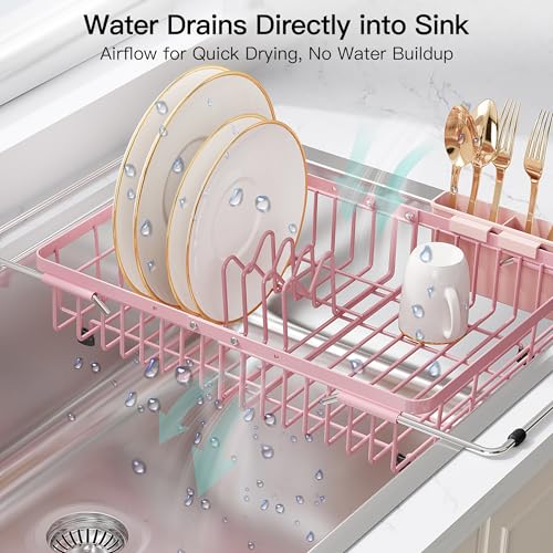 Image of JASIWAY Pink Dish Drying Rack Over the Sink with Utensil Holder