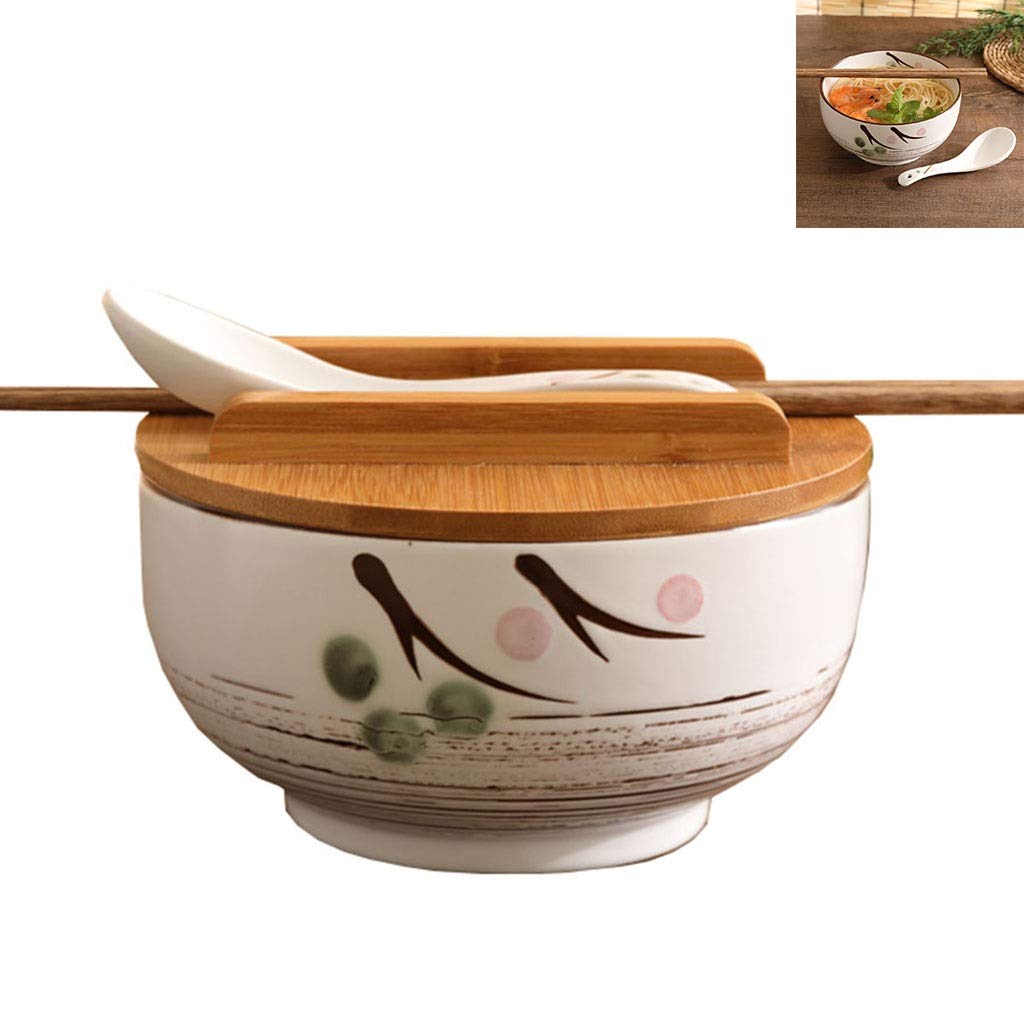 Keramikschale Mit Deckel Ramenschale Nach Japanischer Art Chinesische Restaurantschüssel Suppenschüssel Große Reisschale Mit Löffel, Essstäbchen (Color : Weiß, Size : A)