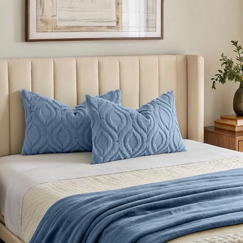 Image of decorUhome Fall Throw Pillow Covers 12x20 Inch Set of 2, Soft Plush Faux Wool Dusty Blue Solid Couch Pillow Covers, Accent Farmhouse Neutral Rectangle Pillow Cases for Sofa Bed Living Room