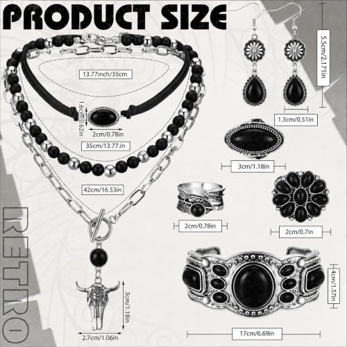 Image of Ecally Bohemian Western Jewelry Turquoise Set Women Country Pendant Long Choker Layered Bracelets Earrings Ring for Women