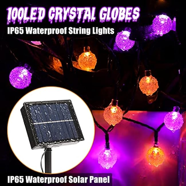 Lomotech Halloween Solar Lights - 72FT 100 LED Orange Purple String Lights Outdoor, 8 Modes Waterproof Crystal Globe Lights for Halloween Decoration