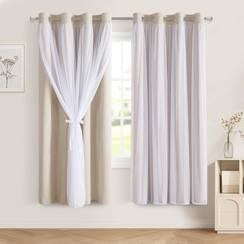 Image of DWCN Beige Blackout Curtains with Sheer Overlay with Tiebacks 63 Inch Long
