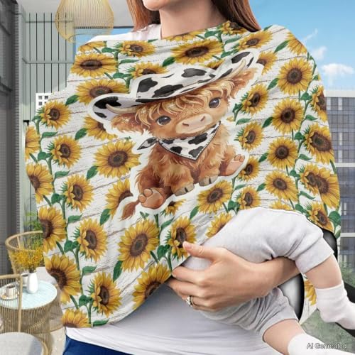 Image of Wanyint Infant Car Seat Cover Stretchy Nursing Scarf Car Seat Canopy Shopping Cart High Chair Cover Protect Babies Breastfeeding Mothers, Highland Cow Cowboy Sunflower