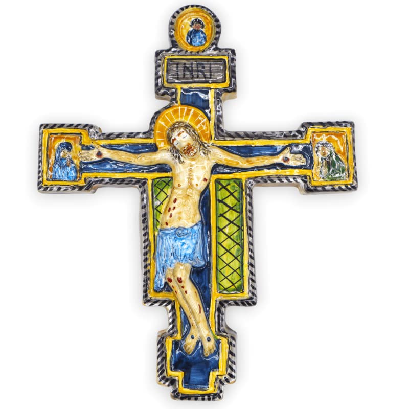 Crucifijo de San Benedetto en cerámica siciliana decorado a mano de pared h 33 cm L 27 cm