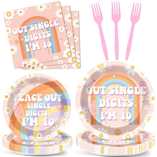 ojustbeok 96PCS Peace Out 10th Birthday Decorations for Girl 10th Birthday Plates and Napkins Peace Out Single Digits Im 10 Tableware Set Boho Groovy 10th Baby Shower Party Decorations for 24 Guests