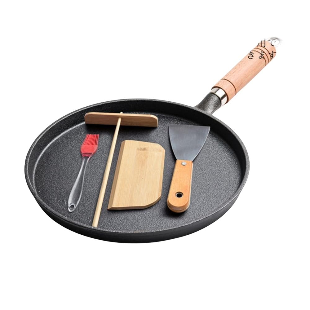 Żeliwna patelnia do naleśników 26 cm z uchwytem z drewna bukowego patelnia do pizzy stek do pizzy jajka pieczenie śniadanie bez powłoki chemicznej