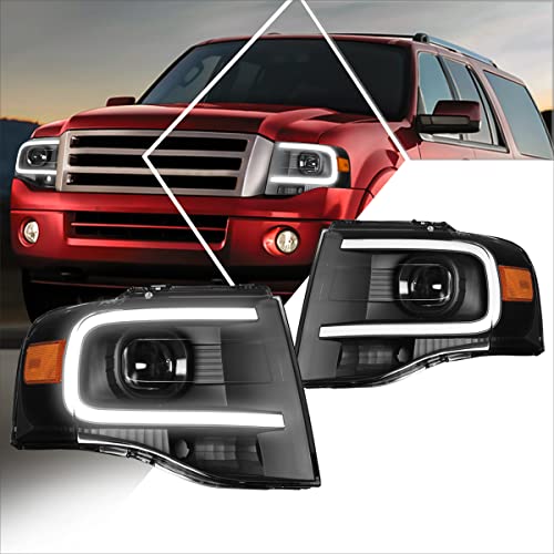 LED DRL Projector Headlight Assembly Compatible with Ford Expedition 07-14 | Headlamps with Black Housing Amber Corner