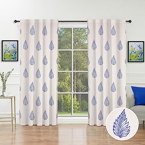 Image of THE LINEN COMPANY Duck Canvas Printed Curtains 5 Feet for Window, Stylish Leaf Print Window Curtains, 5ft Set of 2, Blue Leaf