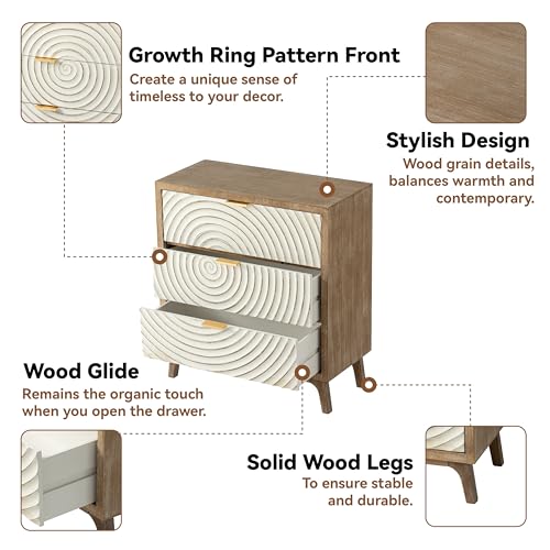 COZAYH Farmhouse 3 Drawer Dresser with Handcrafted Wood Ring Motif, White Nightstand for Bedroom, Rustic & Natural, Fully Assembled, Boho - Image 3