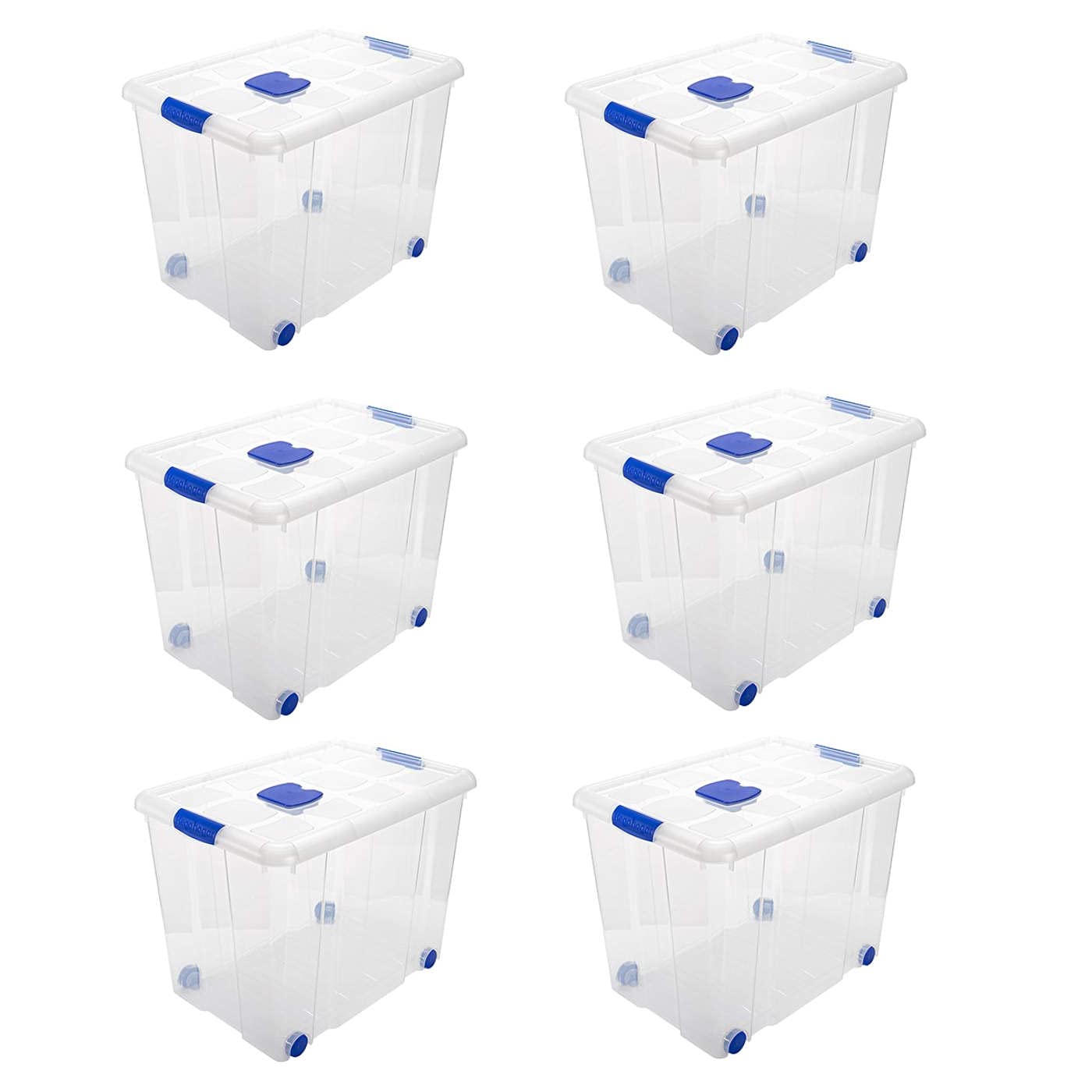 Acan Tradineur - Pack de 6 cajas de almacenaje, de 46 x 61,5 x 43 cm, nº 8, con capacidad de 86 litros con tapa y ruedas para organización del hogar, baúl organizador(46 x 61,5 x 43 cm, Pack de 6)