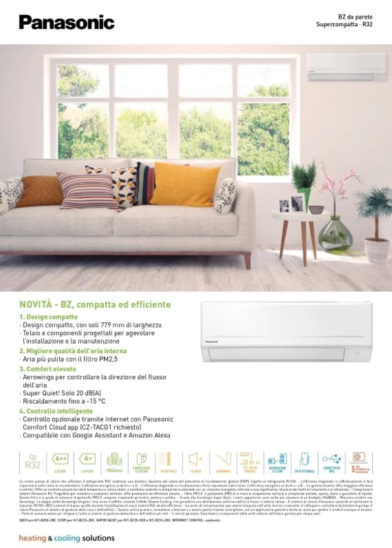 Panasonic CU-BZ35CKE CS-BZ35CKE Linea Bz, Mono-split 12000 Btu, Super Compatto, Risparmio Energetico, Predisposto per Wifi, Classe Energetica A++/A+