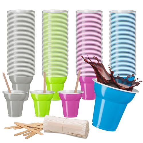 COFFISANO Set mit 200 Kaffeegläsern + 200 Rührstäbchen, 70 ml Kunststoffbecher und Rührstäbchen aus Birkenholz für Espresso, Getränke, Gerste, Büro, Sport