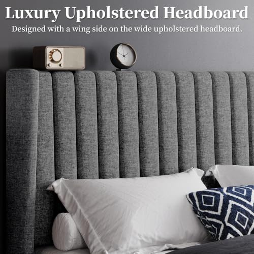 Image of Yaheetech Queen Bed Frame with Headboard,Light Gray Channel-Tufted Platform