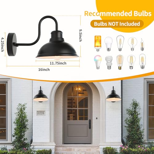 Image of 12 inch Barn Light Outdoor Wall Lights 2 Pack Large Exterior Lighting Fixtures | Anti-Rust Waterproof Black Classic Farmhouse Industrial Wall-Mounted Barn Light Fixture for Garage /Porch /Patio ETL Listed