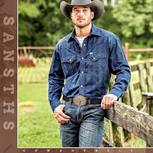 Image of SANSTHS Western Cowboy Belts for Men Women, Mens Western Belt Bull Buckle Country Belt Cowboy Leather Belt for Jeans