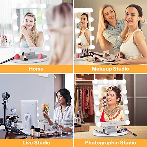 AirExpect Makeup Vanity Mirror with Light Bulbs - 3 Color Lighting Modes Hollywood Style Tabletops Lighted Cosmetic Mirror with 12 Dimmable LED Bulbs and Touch Control Design
