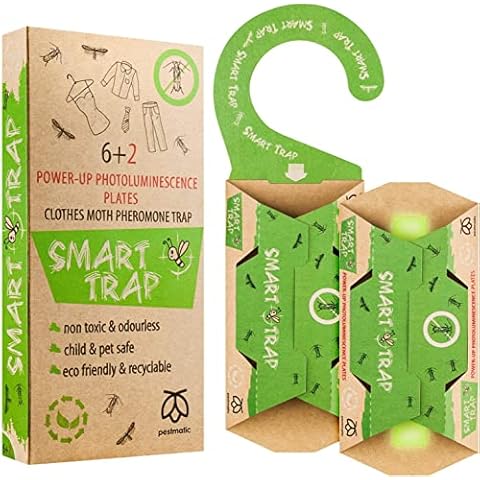 Pestmatic Smart Moth Trap, 8 Clothes Moth Monitoring Traps for Wardrobe, 6+2 Anti Moth Pheromone Trap + Power-Up lighting Plates, Sticky Traps, Alternative for Moth Killer and Moth Repellent Cover