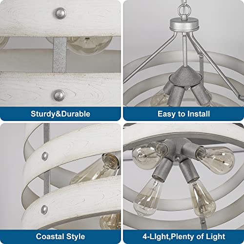 Zxfdwb 4-Light Rustic Chandelier For Entryway, Round Farmhouse Light Fixtures For Dining Room, Industrial Drum Hanging Pendant Lighting For Kitchen Island, White Texture Metal Finish #TOP3