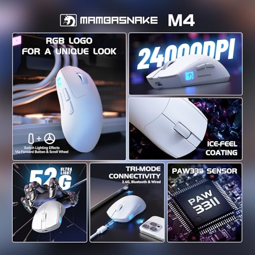 Image of ATTACK SHARK x MAMBASNAKE M4 Wireless Gaming Mouse, 24000 Adjustable DPI PAW3311 Optical Sensor, Programmed Buttons, 52g Lightweight Ergonomic Computer Mice 2.4G /BT /USB-C for PC /Mac-White