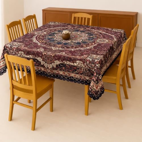 Image of Homerz Premium 6 Seater dinnig Table Heritage Series Velvety Table Cover, Vibrant Royal Designs with Border Cutwork (Mughal, 54x78 inch- 6 Seater Dining Table)