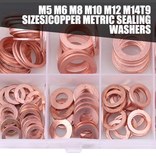 Image of 200 PCS Car Gasket Assortment Combination Set, M5 M6 M8 M10 M12 M14 Multi-Specification Metric Copper Engine Oil Pan Sealing Flat Gasket, Universal for Car Replacement Accessories (Gold)