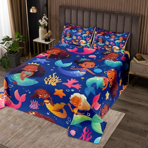Little Mermaid Princess Quilt Set Afro-American Girl Queen Bedspread Set for Girl,Afro Kid Melanin Ocean Coverlet Set,American Black Girls Quilted Shell Starfish Coral Cute Room Decor,Blue