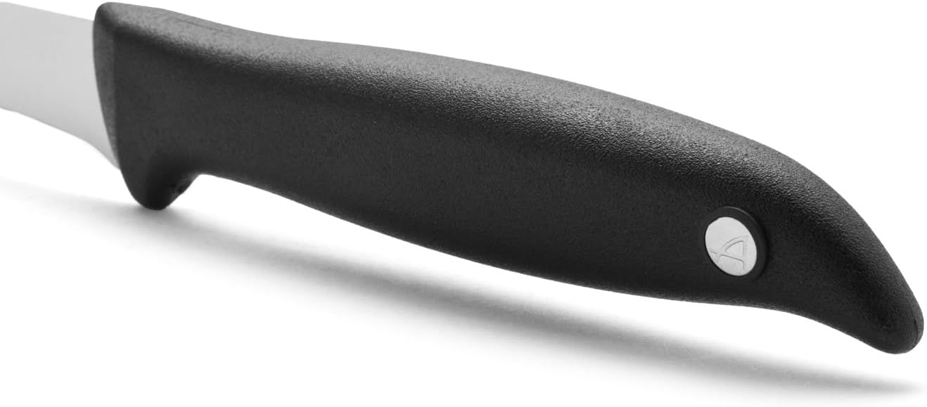Arcos Slicing Knife/Ham Knife 10 Inch Nitrum Stainless Steel and 240 mm blade. Ergonomic Polyoxymethylene POM Handle. Series Menorca. Handle made of lightbluish polypropylene. Color Black.